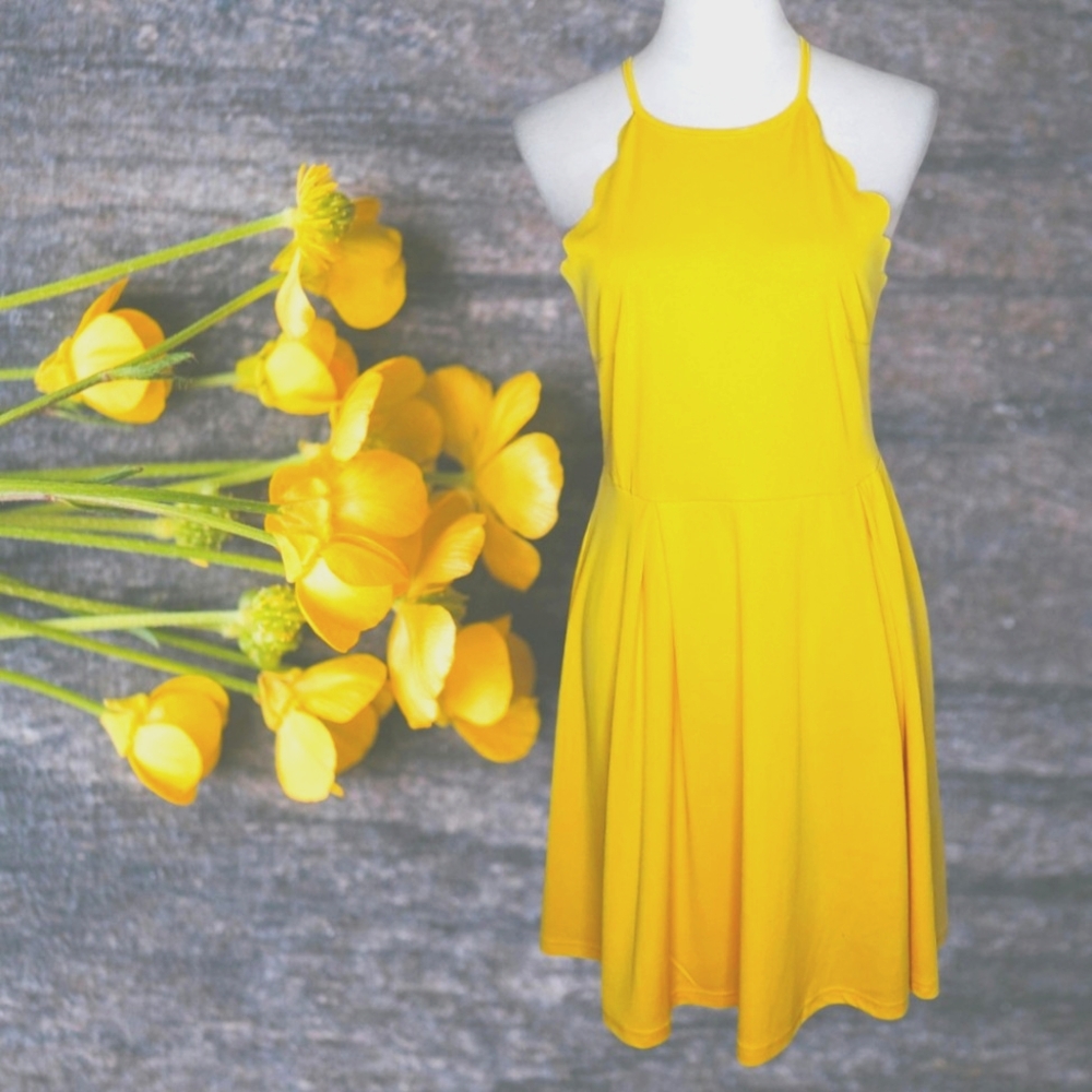Marigold Yellow Scallop Detail Halter Style Skater Dress